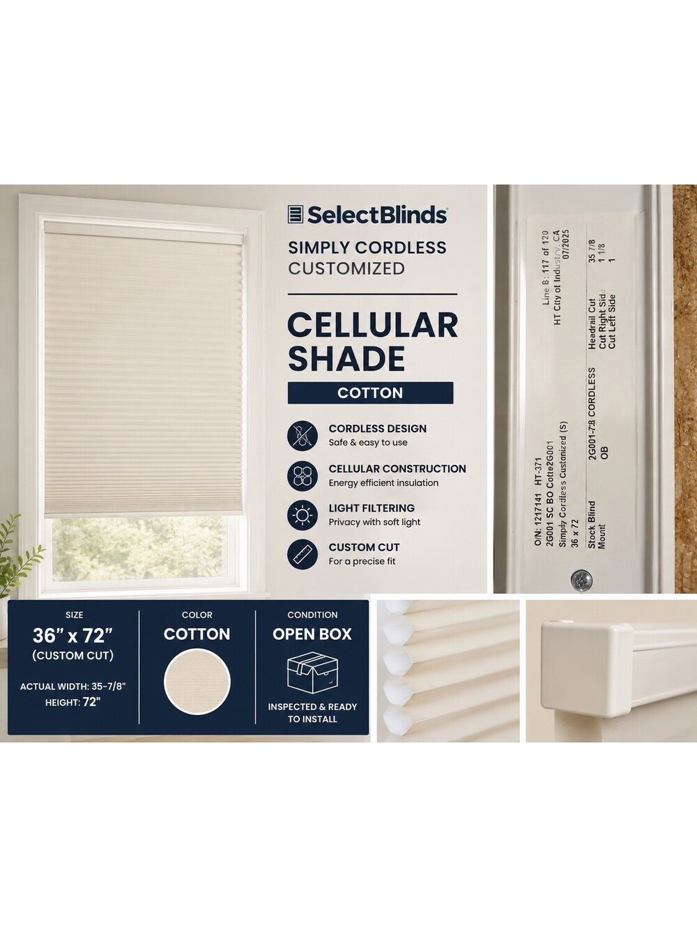 Select Blinds Cordless Cellular Shade Cotton 35-7/8 x 72 Custom Cut Open Box